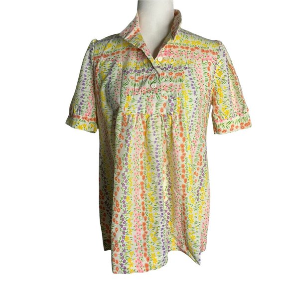 Vintage 70s Rainbow Floral Top S White Buttons Puff Sleeves High Neck - Picture 1 of 6